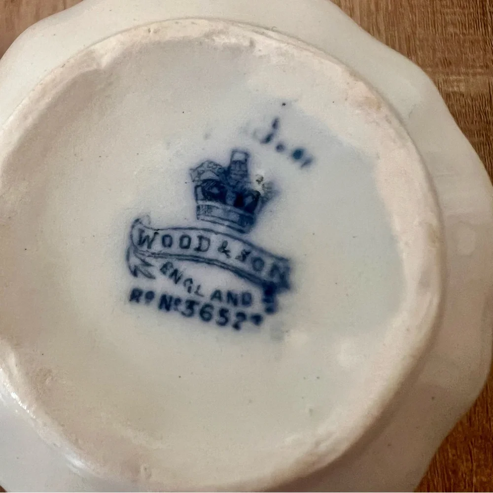WOOD & SON CLARENCE- FLOW BLUE (c.1891-1907) CUP & SAUCER- Elgar Pattern Antique